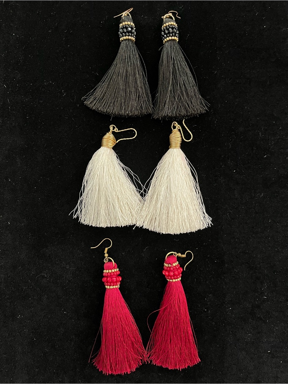 🌈 3/$10 Estate Tassel Earring Trio in Black, Cream & Pink